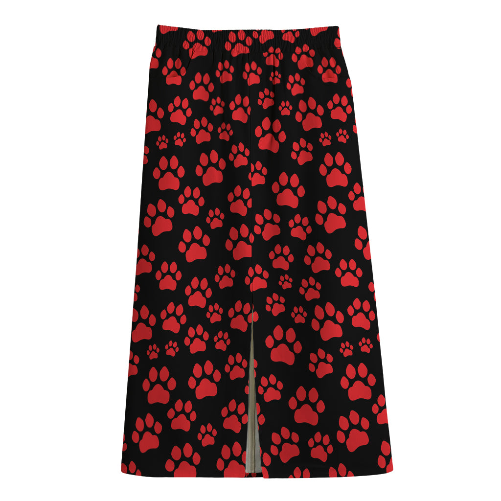 Red And Black Paw Pattern Print Cotton Front Slit Maxi Skirt