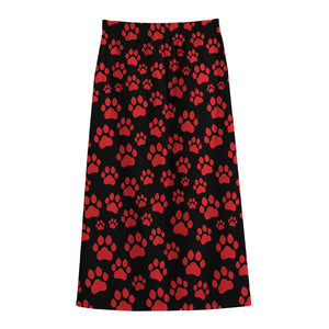 Red And Black Paw Pattern Print Cotton Front Slit Maxi Skirt