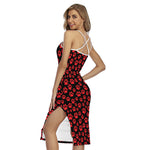 Red And Black Paw Pattern Print Cross Back Cami Dress