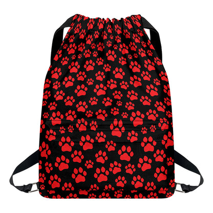 Red And Black Paw Pattern Print Drawstring Backpack