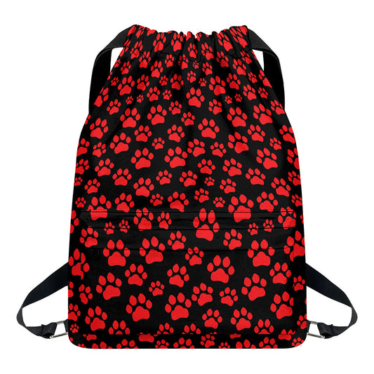 Red And Black Paw Pattern Print Drawstring Backpack