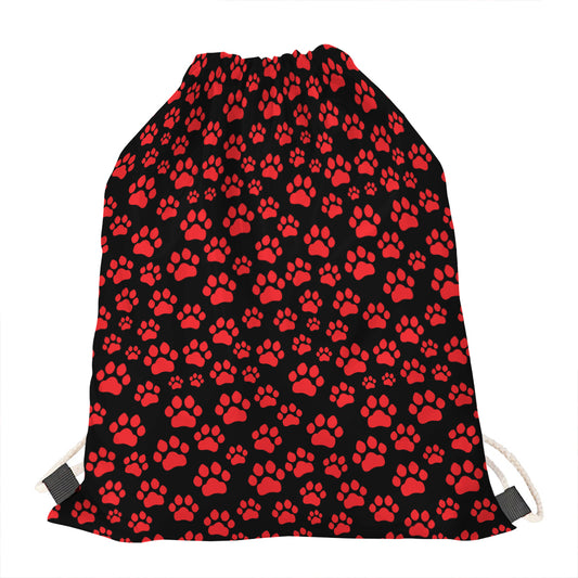 Red And Black Paw Pattern Print Drawstring Bag