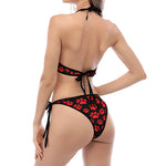 Red And Black Paw Pattern Print Halter Scoop Tie Side Bikini