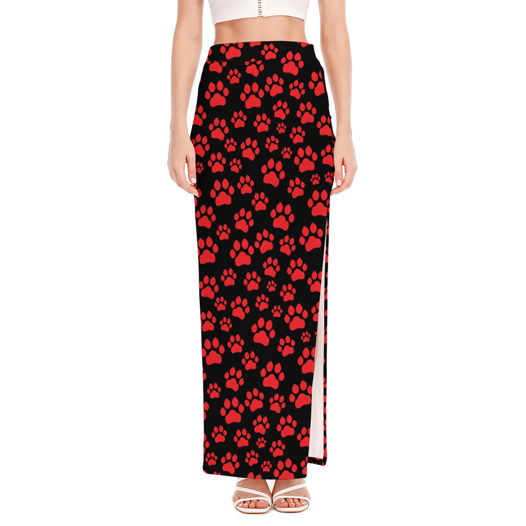 Red And Black Paw Pattern Print High Slit Maxi Skirt