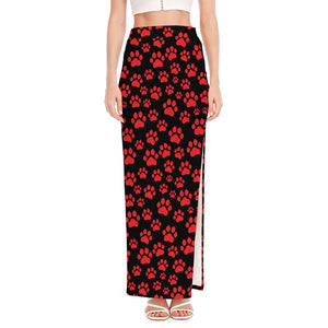 Red And Black Paw Pattern Print High Slit Maxi Skirt