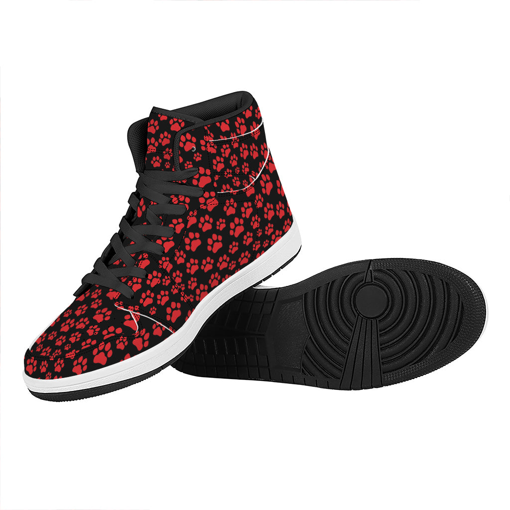 Red And Black Paw Pattern Print High Top Leather Sneakers