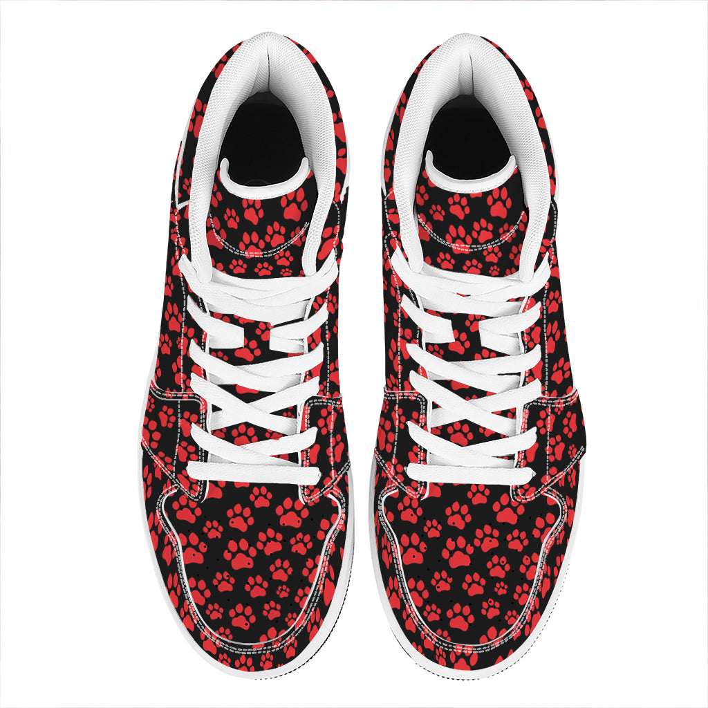 Red And Black Paw Pattern Print High Top Leather Sneakers