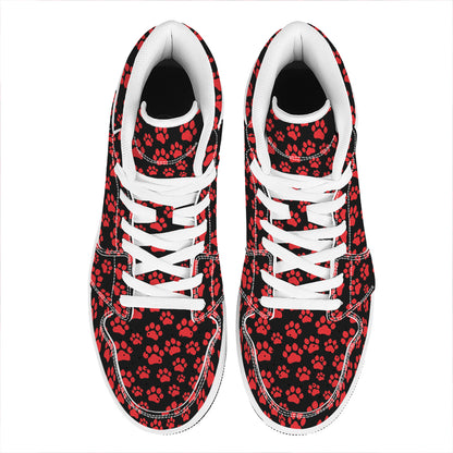 Red And Black Paw Pattern Print High Top Leather Sneakers