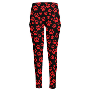 Red And Black Paw Pattern Print High-Waisted Pocket Leggings