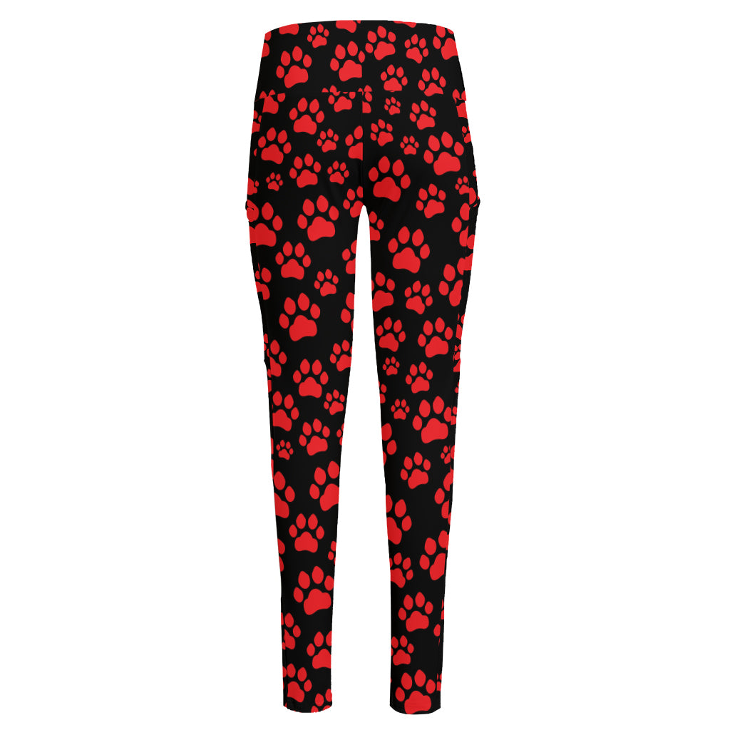 Red And Black Paw Pattern Print High-Waisted Pocket Leggings