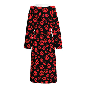 Red And Black Paw Pattern Print Hooded Bathrobe