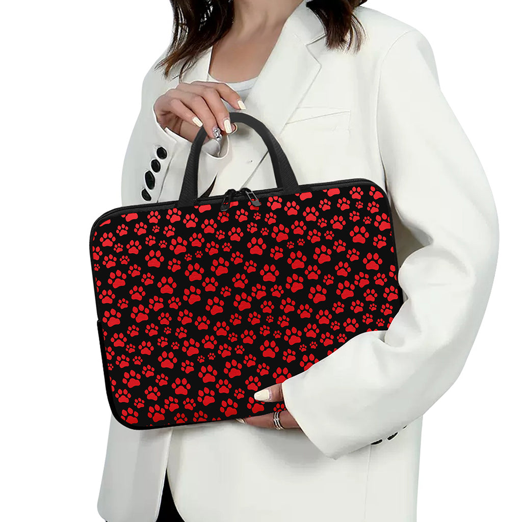 Red And Black Paw Pattern Print Laptop Sleeve With Handle