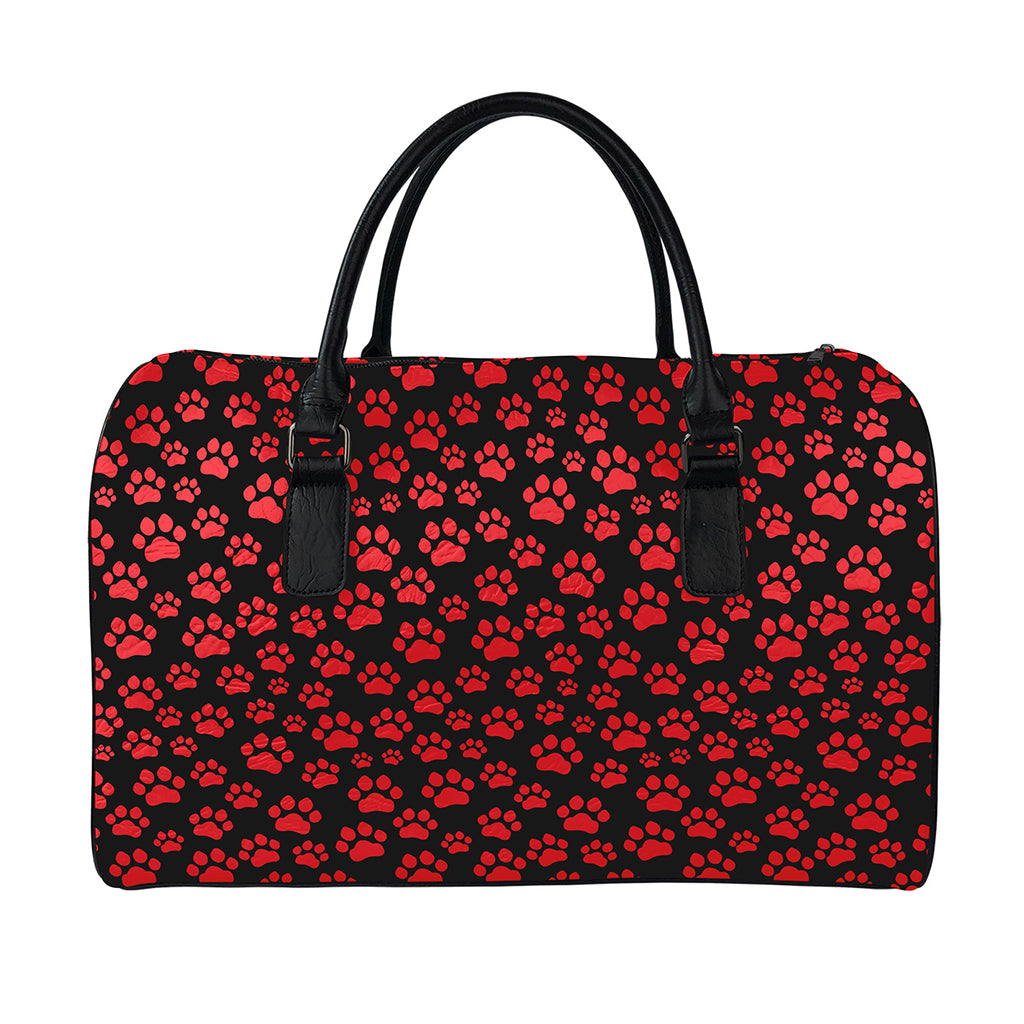 Red And Black Paw Pattern Print Leather Duffle Bag