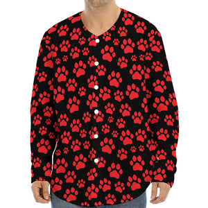 Red And Black Paw Pattern Print Long Sleeve Baseball Jersey