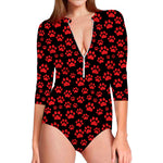 Red And Black Paw Pattern Print Long Sleeve Swimsuit