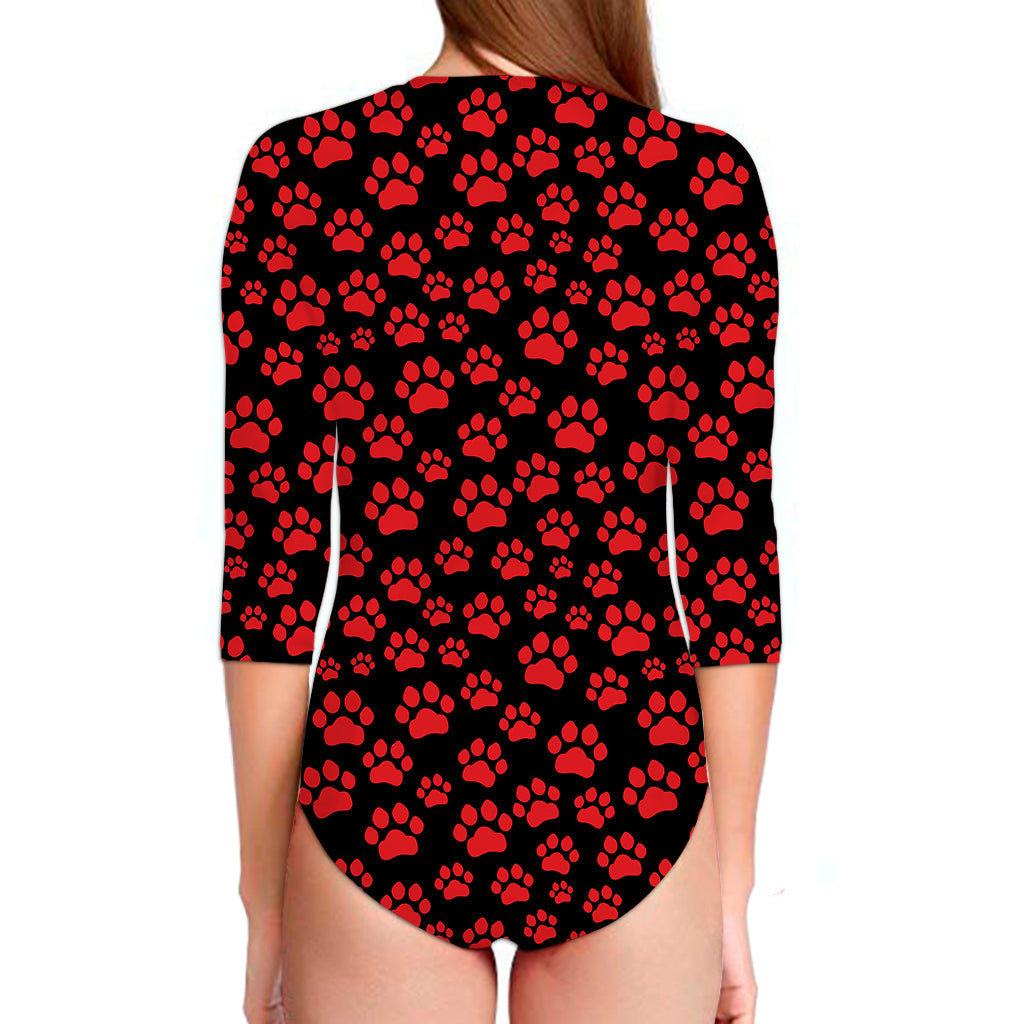Red And Black Paw Pattern Print Long Sleeve Swimsuit
