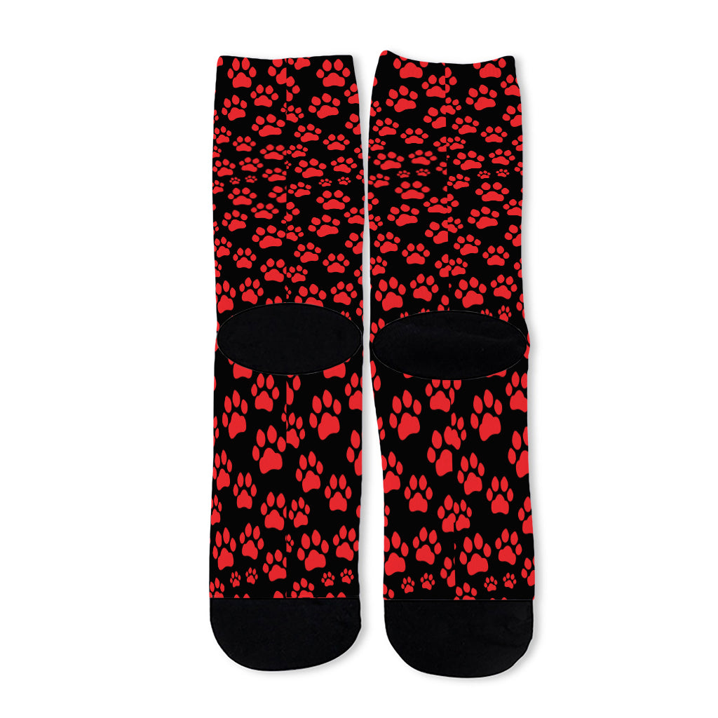 Red And Black Paw Pattern Print Long Socks