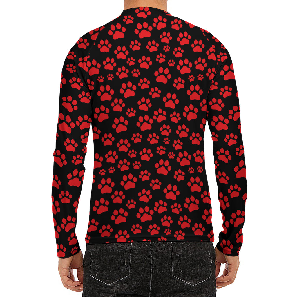 Red And Black Paw Pattern Print Men's Long Sleeve Rash Guard