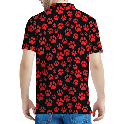 Red And Black Paw Pattern Print Men's Polo Shirt