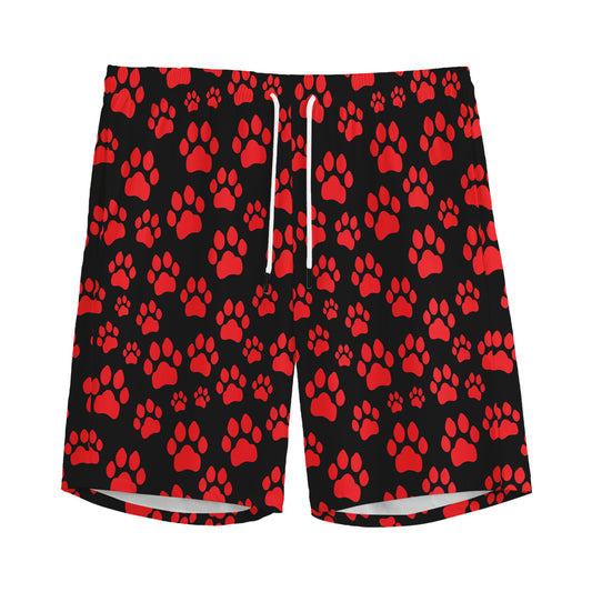 Red And Black Paw Pattern Print Men's Sports Shorts