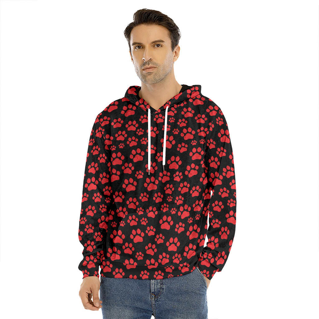 Red And Black Paw Pattern Print Men's Velvet Pullover Hoodie