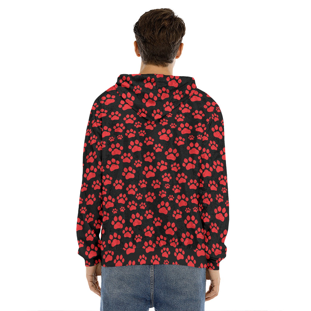 Red And Black Paw Pattern Print Men's Velvet Pullover Hoodie