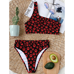 Red And Black Paw Pattern Print One Shoulder Bikini Top