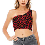 Red And Black Paw Pattern Print One Shoulder Crop Top