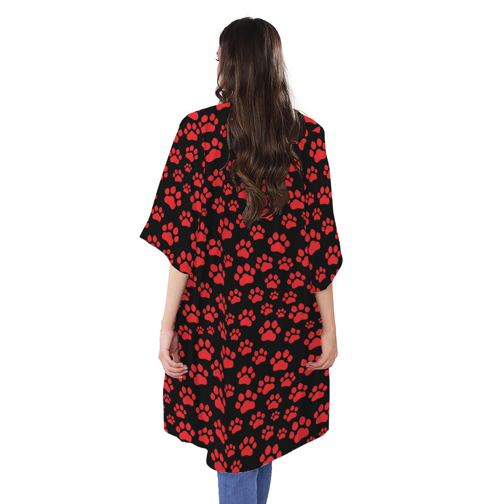 Red And Black Paw Pattern Print Open Front Beach Cover Up