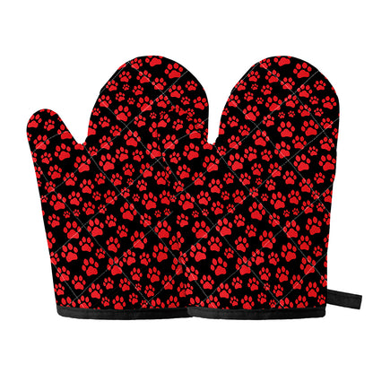 Red And Black Paw Pattern Print Oven Mitts
