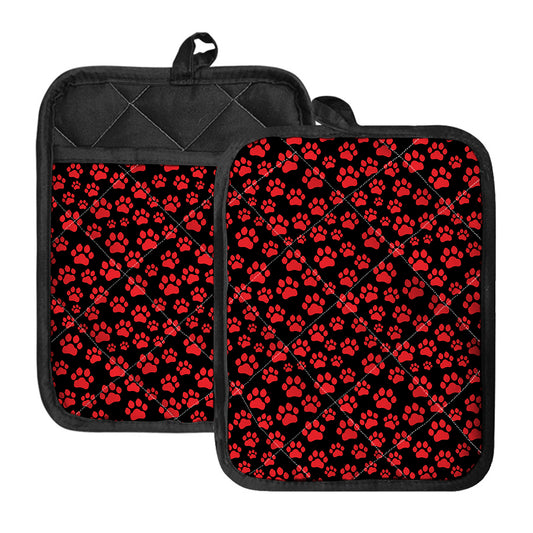 Red And Black Paw Pattern Print Pot Holders With Pocket