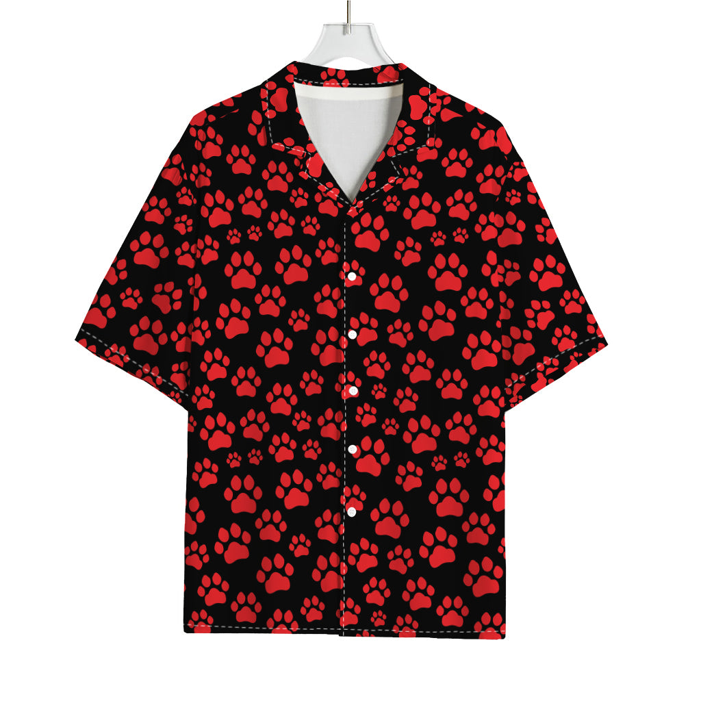 Red And Black Paw Pattern Print Rayon Hawaiian Shirt
