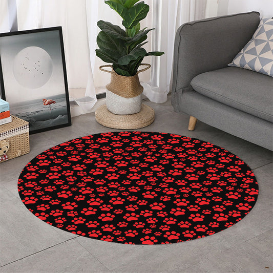 Red And Black Paw Pattern Print Round Rug
