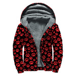 Red And Black Paw Pattern Print Sherpa Lined Zip Up Hoodie