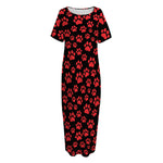 Red And Black Paw Pattern Print Short Sleeve Long Nightdress