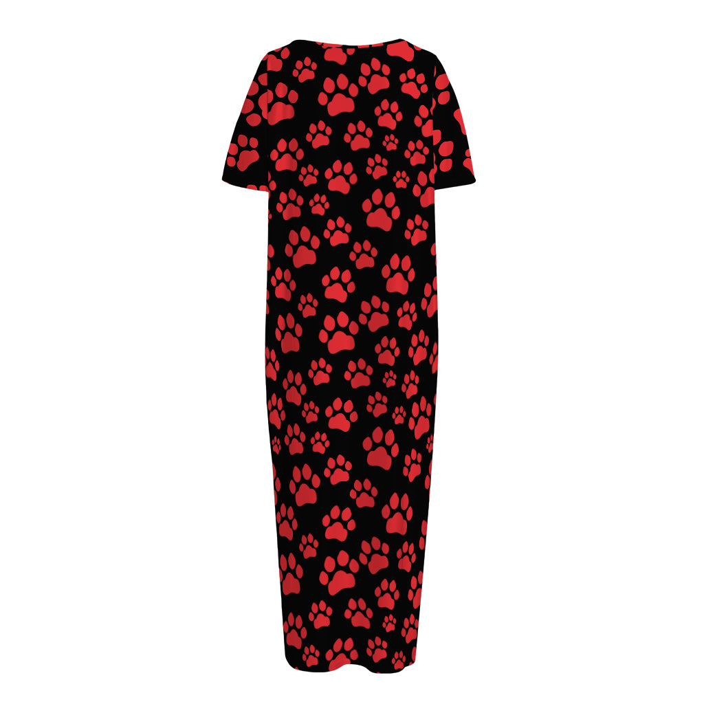 Red And Black Paw Pattern Print Short Sleeve Long Nightdress