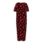 Red And Black Paw Pattern Print Short Sleeve Long Nightdress