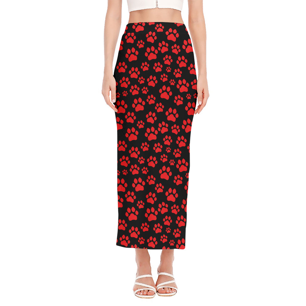 Red And Black Paw Pattern Print Side Slit Maxi Skirt