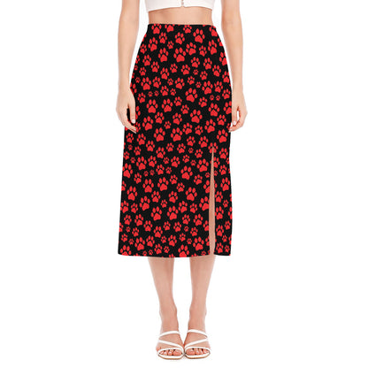Red And Black Paw Pattern Print Side Slit Midi Skirt