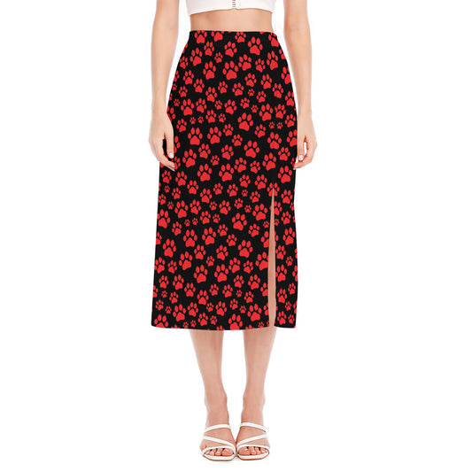 Red And Black Paw Pattern Print Side Slit Midi Skirt