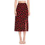 Red And Black Paw Pattern Print Side Slit Midi Skirt