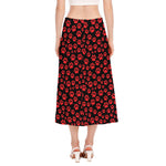 Red And Black Paw Pattern Print Side Slit Midi Skirt