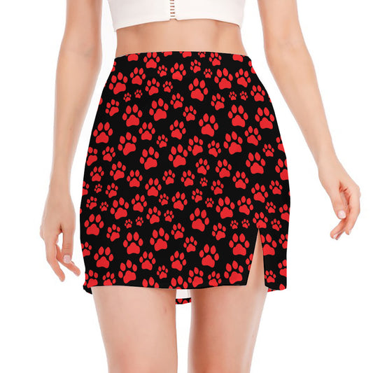 Red And Black Paw Pattern Print Side Slit Mini Skirt