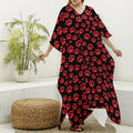 Red And Black Paw Pattern Print Silk V-Neck Kaftan Dress
