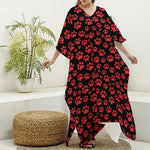 Red And Black Paw Pattern Print Silk V-Neck Kaftan Dress