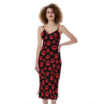 Red And Black Paw Pattern Print Slim Fit Midi Cami Dress