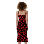 Red And Black Paw Pattern Print Slim Fit Midi Cami Dress
