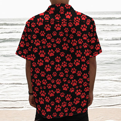 Red And Black Paw Pattern Print Textured Short Sleeve Shirt