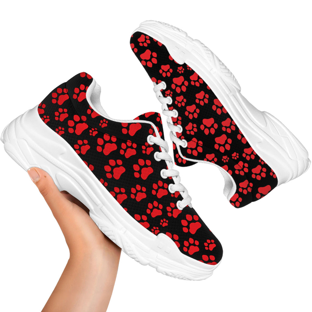 Red And Black Paw Pattern Print White Chunky Shoes