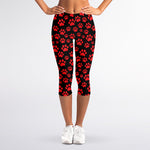 Red And Black Paw Pattern Print Women's Capri Leggings